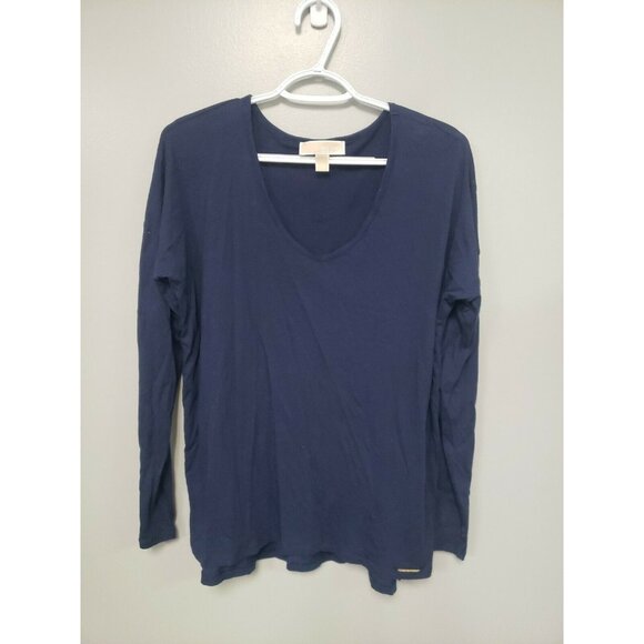 MICHAEL KORS WOMENS LARGE SHIRT BLUE LONG  SLEEVE V NECK TOP - Picture 1 of 4